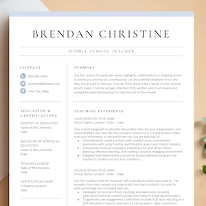 Teacher Resume Template for Microsoft Word & Pages, Middle School Teacher Resume, Teaching Resume,  Education Resume CV, School Resume CV