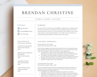 Teacher Resume Template for Microsoft Word & Pages, Middle School Teacher Resume, Teaching Resume,  Education Resume CV, School Resume CV