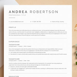 May include: A resume template with the title "Andrea Robertson" and the heading "Professional Title". The resume includes contact information, a profile section, an experience section, and an education section. The resume is designed to be ATS-friendly, which means it is formatted in a way that is easily read by Applicant Tracking Systems.
