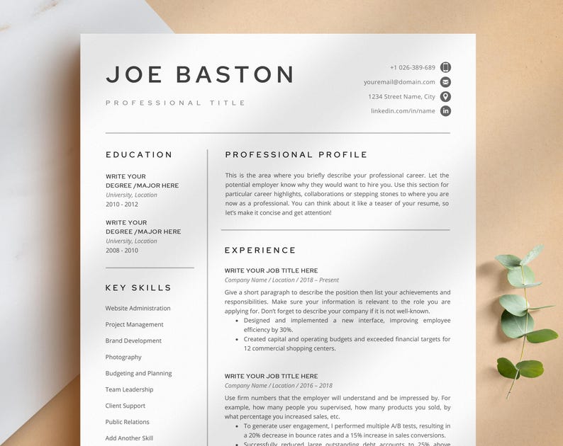 Professional Resume Template for Word, Pages, Google Docs + Business Card | Simple Resume CV Template, Basic Resume Pack, Standard Resume image 1