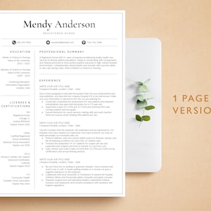 May include: A one-page resume template for a registered nurse. The resume includes sections for education, professional summary, experience, licenses and certifications. The resume is formatted with a clean and modern design.