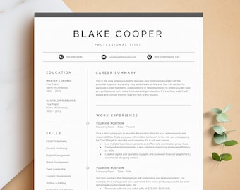 May include: A black and white resume template with the name Blake Cooper at the top. The resume includes sections for education, work experience, skills, and career summary.