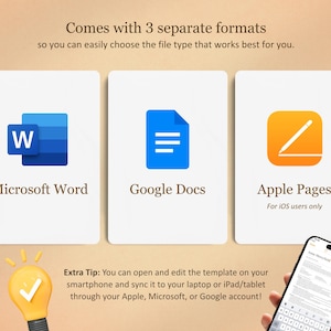 May include: Image showcasing three file format options: Microsoft Word, Google Docs, and Apple Pages. The text reads "Comes with 3 separate formats." An illuminated lightbulb and a smartphone are also visible.