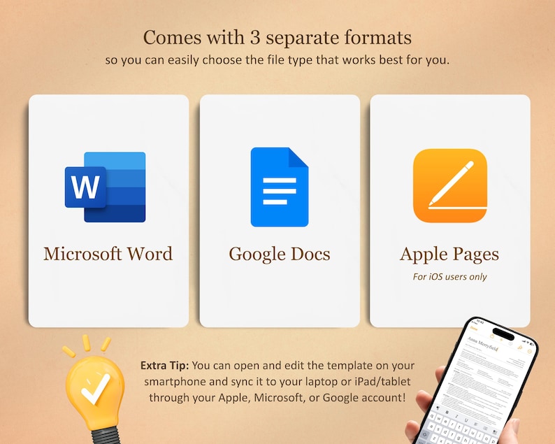 May include: Image showcasing three file format options: Microsoft Word, Google Docs, and Apple Pages. The text reads "Comes with 3 separate formats." An illuminated lightbulb and a smartphone are also visible.