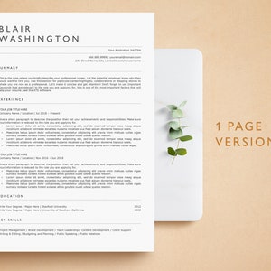May include: A white resume template with the name "Blair Washington" at the top. The resume includes sections for summary, experience, education, and key skills. The words "1 PAGE VERSION" are in brown text on the right side.