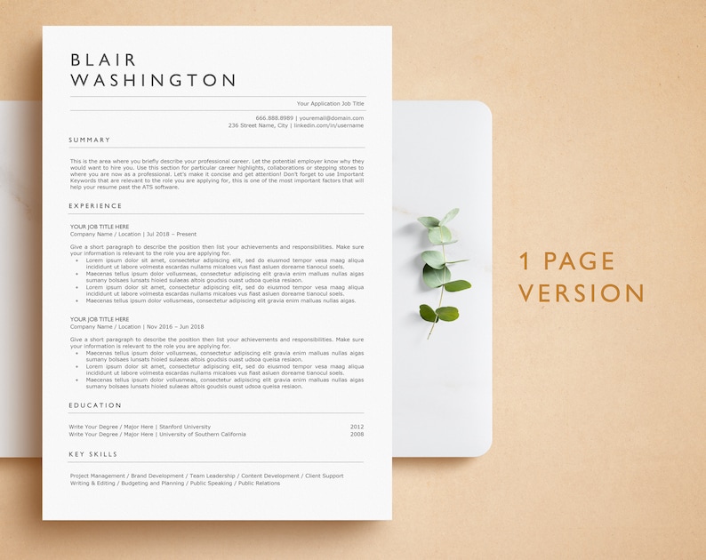 May include: A white resume template with the name "Blair Washington" at the top. The resume includes sections for summary, experience, education, and key skills. The words "1 PAGE VERSION" are in brown text on the right side.