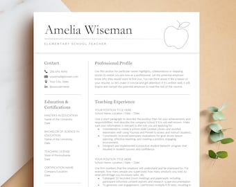 Teacher Resume Template for Microsoft Word & Pages, Teaching Resume,  Education Resume CV, School Resume, Elementary School Teacher Resume