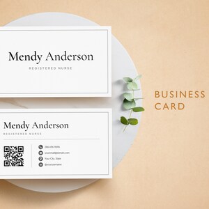 May include: A white business card with black text that reads "Mendy Anderson, Registered Nurse". The card also includes a QR code, phone number, email address, city and state, and social media handle.