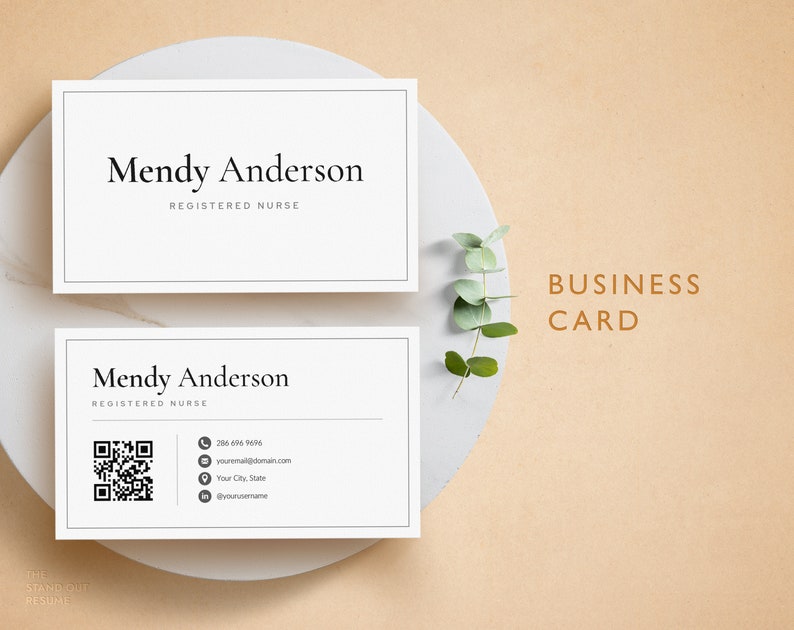 May include: A white business card with black text that reads "Mendy Anderson, Registered Nurse". The card also includes a QR code, phone number, email address, city and state, and social media handle.