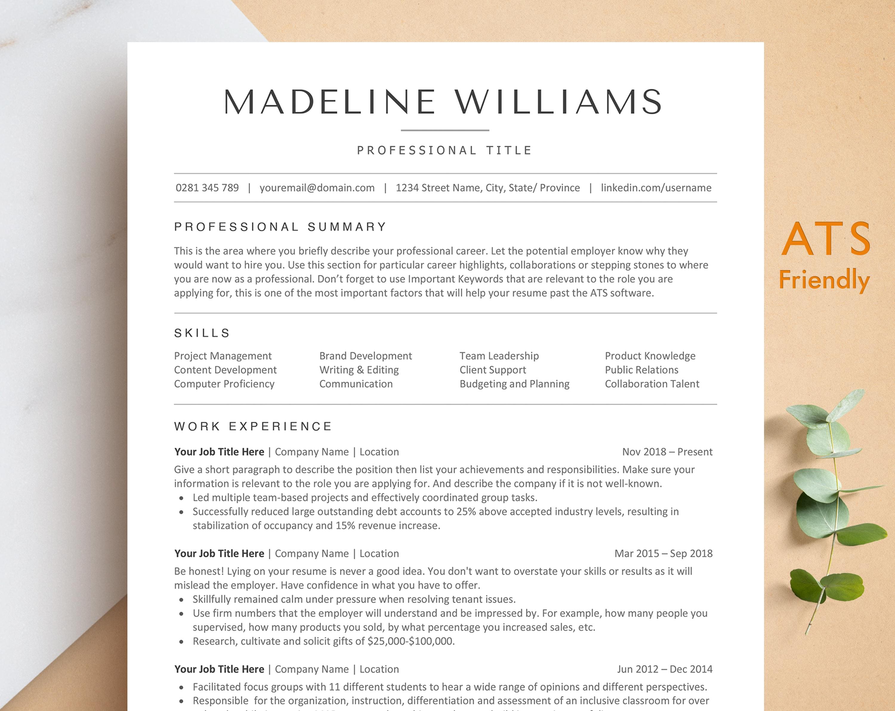 ATS-vriendelijke cv-sjabloon Word, Pages, Google Docs, ATS-cv-sjabloon, ATS-cv-sjabloon, minimalistisch cv, professioneel cv-sjabloon