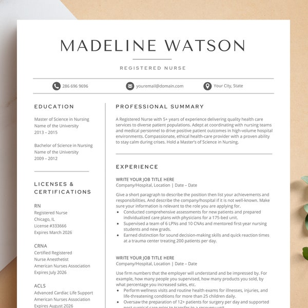 Nursing Resume Template & Cover Letter for Google Docs, Word, Pages + Business Card, Medical Resume, Resume for Doctors, RN Resume, Nurse CV