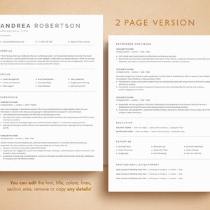 May include: A two-page resume template with a minimalist design. The resume is for Andrea Robertson, who is a professional. The resume includes sections for profile, skills, experience, education, expertise, and professional development.