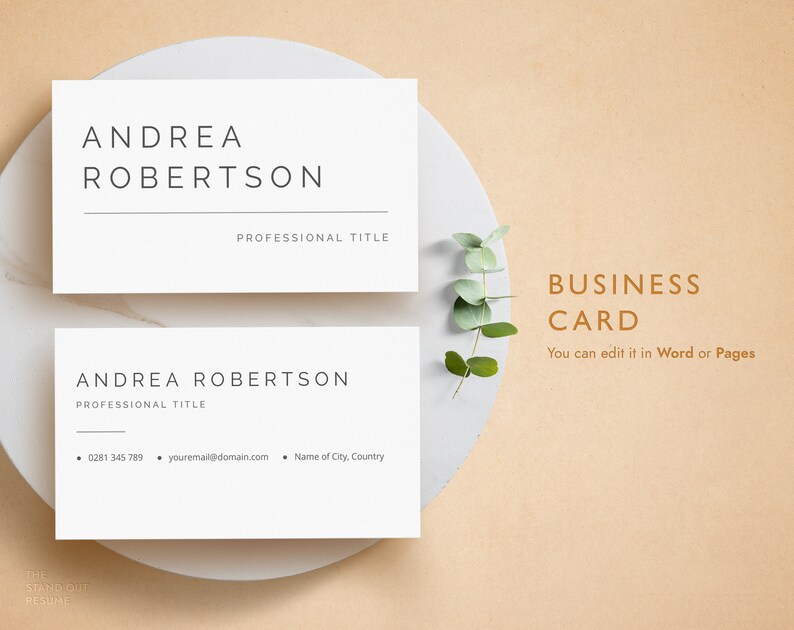 May include: A white business card mockup with the name Andrea Robertson and the text "Professional Title". The card is on a white plate with a sprig of eucalyptus.