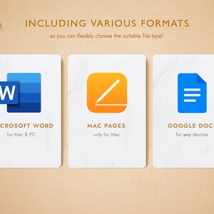 May include: Three white cards with blue and orange icons and text. The first card shows a blue Microsoft Word icon with the text "MICROSOFT WORD" and "for Mac & PC". The second card shows an orange Mac Pages icon with the text "MAC PAGES" and "only for Mac". The third card shows a blue Google Docs icon with the text "GOOGLE DOCS" and "for any devices".
