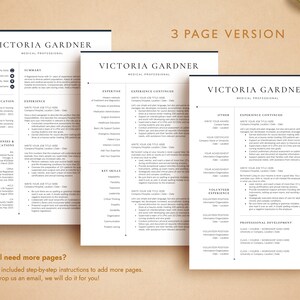 May include: A three-page resume template for a medical professional. The template features a modern design with a black and white color scheme. The resume includes sections for summary, experience, education, licenses and certifications, expertise, key skills, volunteer experience, and professional development.