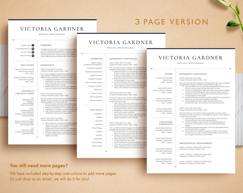 May include: A three-page resume template for a medical professional. The template features a modern design with a black and white color scheme. The resume includes sections for summary, experience, education, licenses and certifications, expertise, key skills, volunteer experience, and professional development.