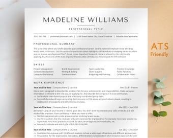 ATS Friendly Resume Template Word, Pages, Google Docs, Minimalist Resume, Professional Resume Template