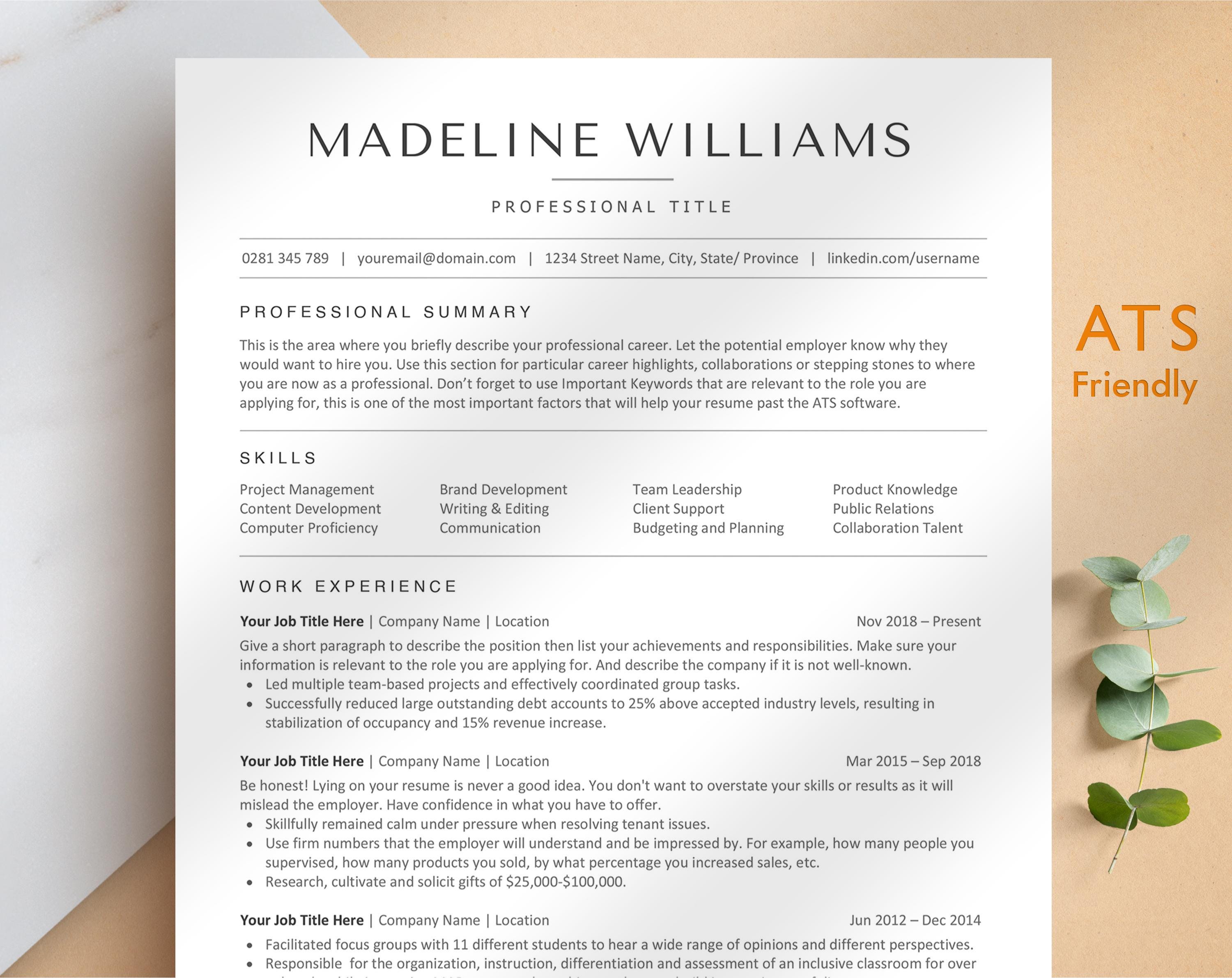 ATS Friendly Resume Template Word, Pages, Google Docs, Minimalist ...