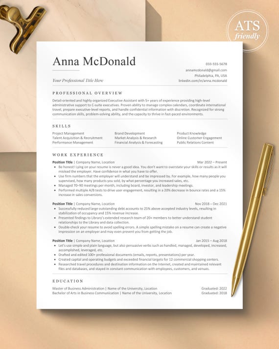 ATS Friendly Resume Template Word, Pages, Google Docs | Modern Clean, Easy to edit, Instant Download | Professional ATS Resume CV Template