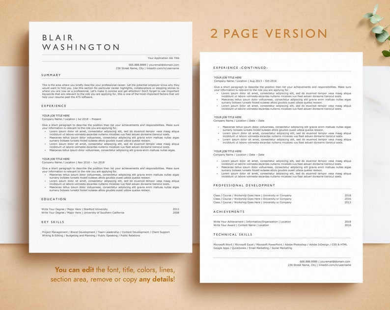 May include: A two-page resume template with the name "Blair Washington" at the top. The resume includes sections for summary, experience, education, and key skills. The text "2 PAGE VERSION" is at the top. The bottom text says "You can edit the font, title, colors, lines, section area, remove or copy any details!"