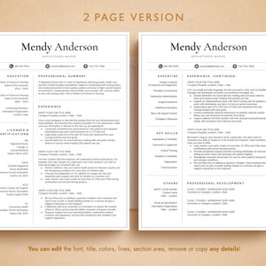 May include: A two-page resume template for a registered nurse. The template features a modern design with a black and white color scheme. The resume includes sections for education, professional summary, experience, licenses and certifications, key skills, others, and professional development.
