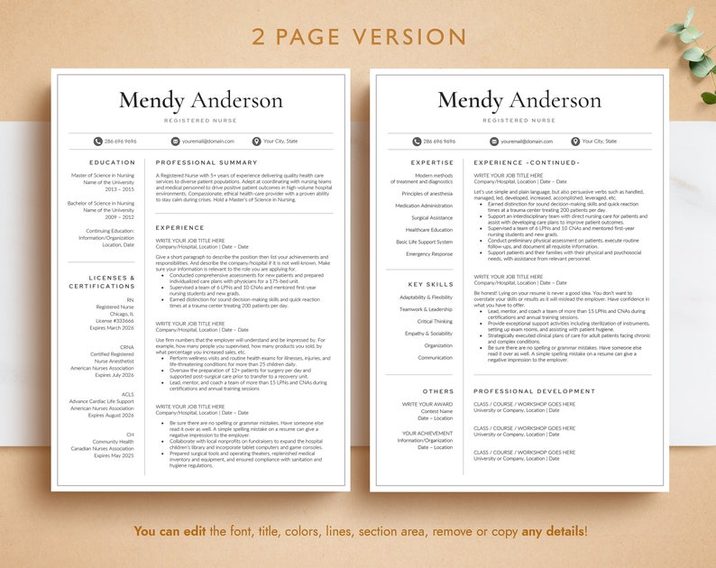 May include: A two-page resume template for a registered nurse. The template features a modern design with a black and white color scheme. The resume includes sections for education, professional summary, experience, licenses and certifications, key skills, others, and professional development.