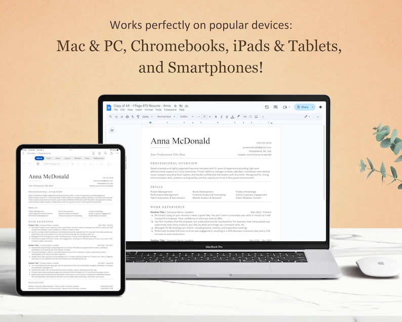 May include: A laptop and tablet displaying a resume titled "Anna McDonald." The laptop is open, showing the resume in detail, while the tablet displays the same document. Text at the top reads "Works perfectly on popular devices: Mac & PC, Chromebooks, iPads & Tablets, and Smartphones!"