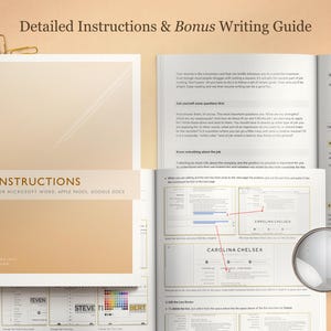 May include: Open book with detailed instructions and a bonus writing guide. The cover reads "Instructions for Microsoft Word, Apple Pages, Google Docs." The text includes "Carolina Chelsea" and a color palette.