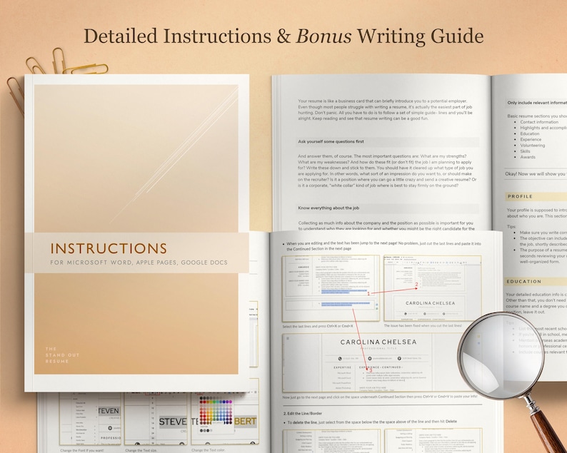 May include: Open book with detailed instructions and a bonus writing guide. The cover reads "Instructions for Microsoft Word, Apple Pages, Google Docs." The text includes "Carolina Chelsea" and a color palette.