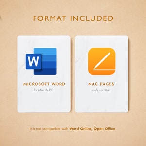 May include: Two white cards with marble-like texture. The left card has a blue icon of the letter "W" and the text "MICROSOFT WORD for Mac & PC". The right card has an orange icon of a pencil and the text "MAC PAGES only for Mac". The text "It is not compatible with Word Online, Open Office." is below the cards.