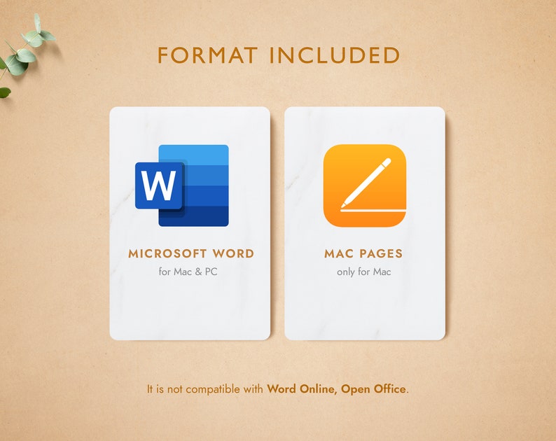 May include: Two white cards with marble-like texture. The left card has a blue icon of the letter "W" and the text "MICROSOFT WORD for Mac & PC". The right card has an orange icon of a pencil and the text "MAC PAGES only for Mac". The text "It is not compatible with Word Online, Open Office." is below the cards.