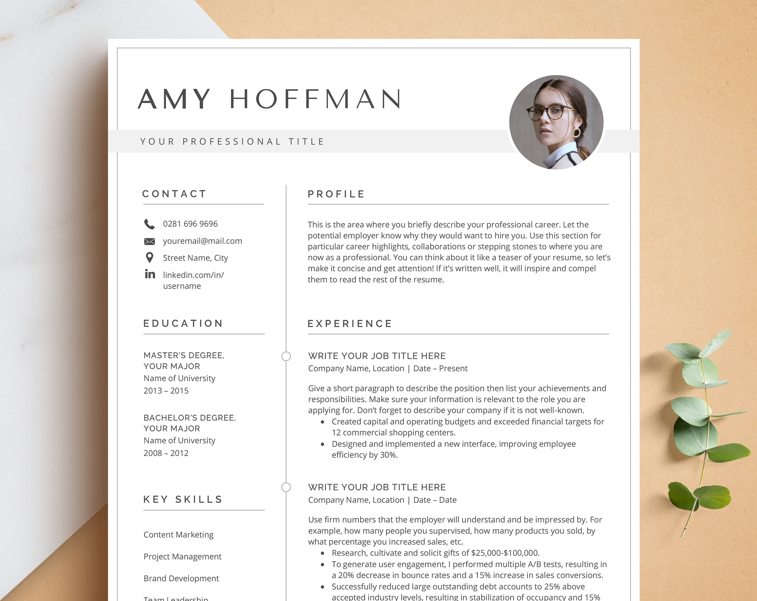 Resume Template with picture, Modern Resume CV Template for Microsoft Word | Professional Resume Template, Headshot Resume, Border Resume