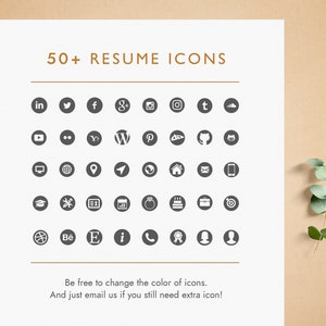 May include: A sheet of paper with 50+ resume icons in gray circles on a white background. The icons include social media platforms like LinkedIn, Twitter, Facebook, Google+, Instagram, Tumblr, and more. Other icons include a computer monitor, a globe, a location pin, a plane, a phone, a house, an email, a smartphone, a graduation cap, a wrench, a calendar, a cake, a briefcase, a target, a basketball, a Behance logo, a letter E, an information symbol, a phone, a ribbon, and a person.