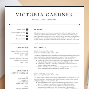 May include: A black and white resume template with the name Victoria Gardner at the top. The resume includes sections for education, experience, licenses and certifications, and a summary. The resume is formatted with a modern and clean design.