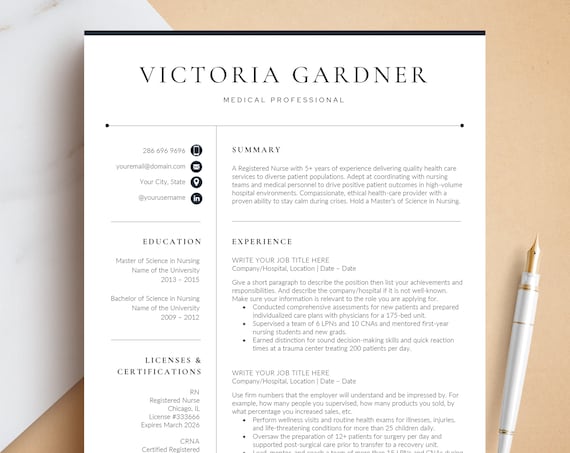 Medical Resume Template for Word & Pages + Business Card, Doctor Resume, RN Resume, Nurse CV, Remote Nurse, New Grad Nurse Resume Template