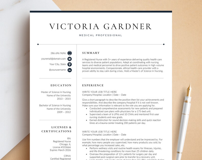 May include: A black and white resume template with the name Victoria Gardner at the top. The resume includes sections for education, experience, licenses and certifications, and a summary. The resume is formatted with a modern and clean design.