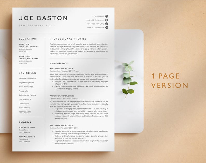 Professional Resume Template for Word, Pages, Google Docs + Business Card | Simple Resume CV Template, Basic Resume Pack, Standard Resume image 2