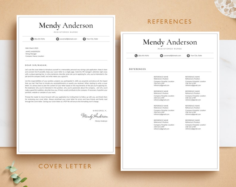 May include: A black and white resume template with a cover letter. The resume includes the name "Mendy Anderson" and the title "Registered Nurse". The cover letter includes the text "Dear Sir/Madam" and "Sincerely, Mendy Anderson".