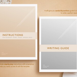 May include: Two beige and grey printable resume templates with white lines. The left template is labelled "Instructions for Microsoft Word, Pages, Google Docs" and the right template is labelled "Writing Guide". Both templates include the text "The Stand Out Resume".