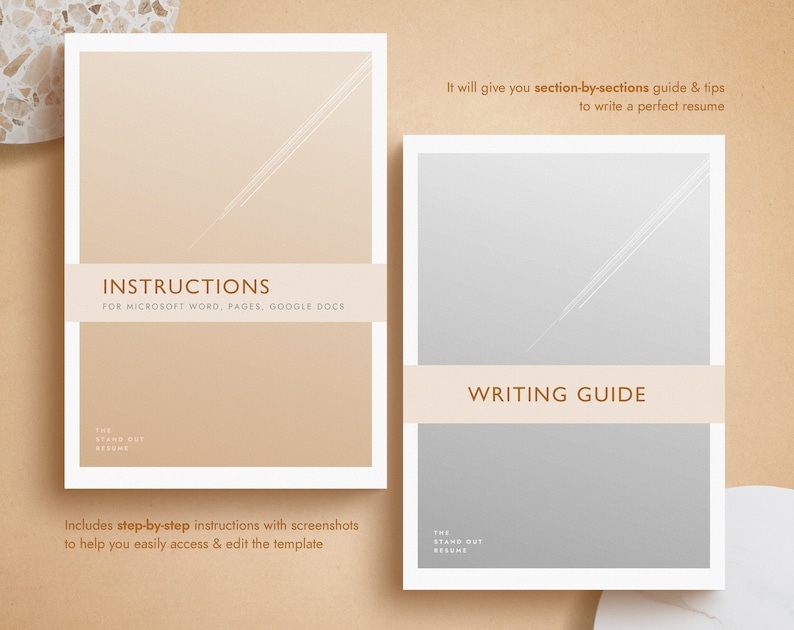 May include: Two beige and grey printable resume templates with white lines. The left template is labelled "Instructions for Microsoft Word, Pages, Google Docs" and the right template is labelled "Writing Guide". Both templates include the text "The Stand Out Resume".