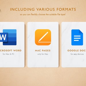 May include: Image showcasing three digital file format icons: Microsoft Word, Mac Pages, and Google Docs. Each icon is on a white background with text describing compatibility. The text "INCLUDING VARIOUS FORMATS" is at the top.
