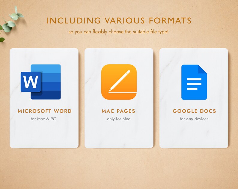 May include: Image showcasing three digital file format icons: Microsoft Word, Mac Pages, and Google Docs. Each icon is on a white background with text describing compatibility. The text "INCLUDING VARIOUS FORMATS" is at the top.