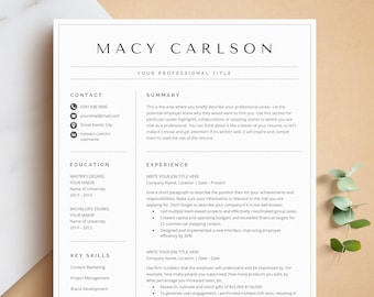 May include: A black and white resume template with the name Macy Carlson at the top. The resume includes sections for contact information, summary, education, key skills, and experience.