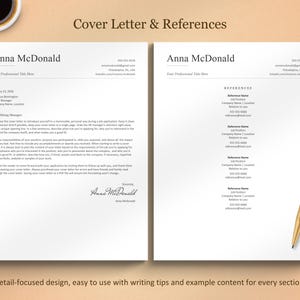 May include: A cover letter and references template with the name "Anna McDonald" at the top. The template includes sections for a cover letter and references, with example content and writing tips. A gold pen rests on the right side.