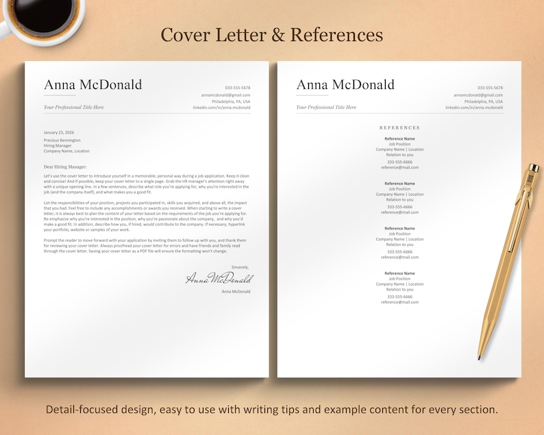 May include: A cover letter and references template with the name "Anna McDonald" at the top. The template includes sections for a cover letter and references, with example content and writing tips. A gold pen rests on the right side.