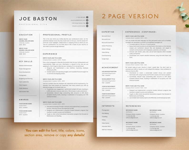 Professional Resume Template for Word, Pages, Google Docs + Business Card | Simple Resume CV Template, Basic Resume Pack, Standard Resume image 3