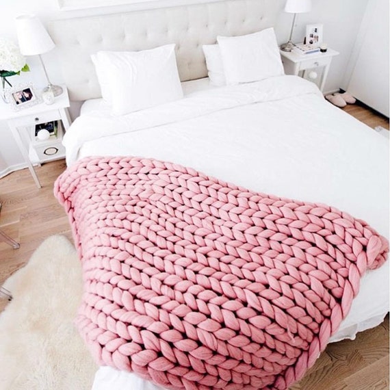 Blush Chunky Knit Blanket. Pink throw blanket. Merino wool ...