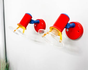 A Set Of 80s Brilliant Leuchten, Minimalist Design Wall Lamps, Mid century modern, wall lamp, red, yellow, blue, plastic, Memphis Style