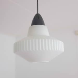 1960s, Space age Design, Vintage Pendant Lamp, frosted Milk Glass, Black bakelite, Dutch Design, Pleated glass