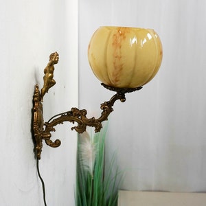 Art Nouveau Brass Wall Mounted Arm Lamp, German Lighting, 1940s, yellow marbled opaline glass, Wall lamp